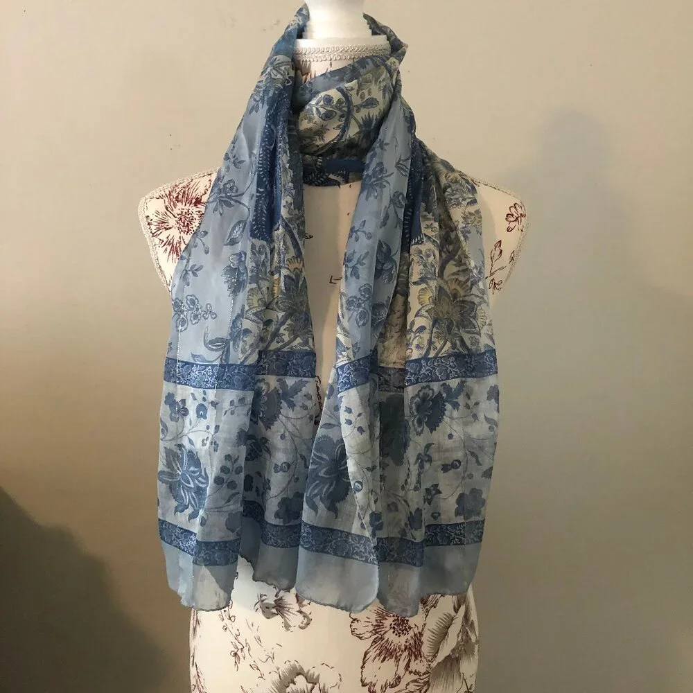 💙 Blue & White Floral Scarf with Metallic Thread | Poetic, Graceful & Timeless